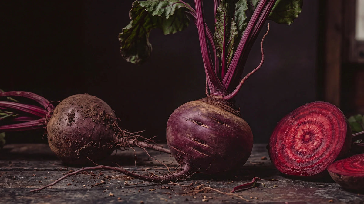 Whole and sliced beetroot with green leaves