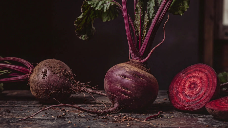 Whole and sliced beetroot with green leaves