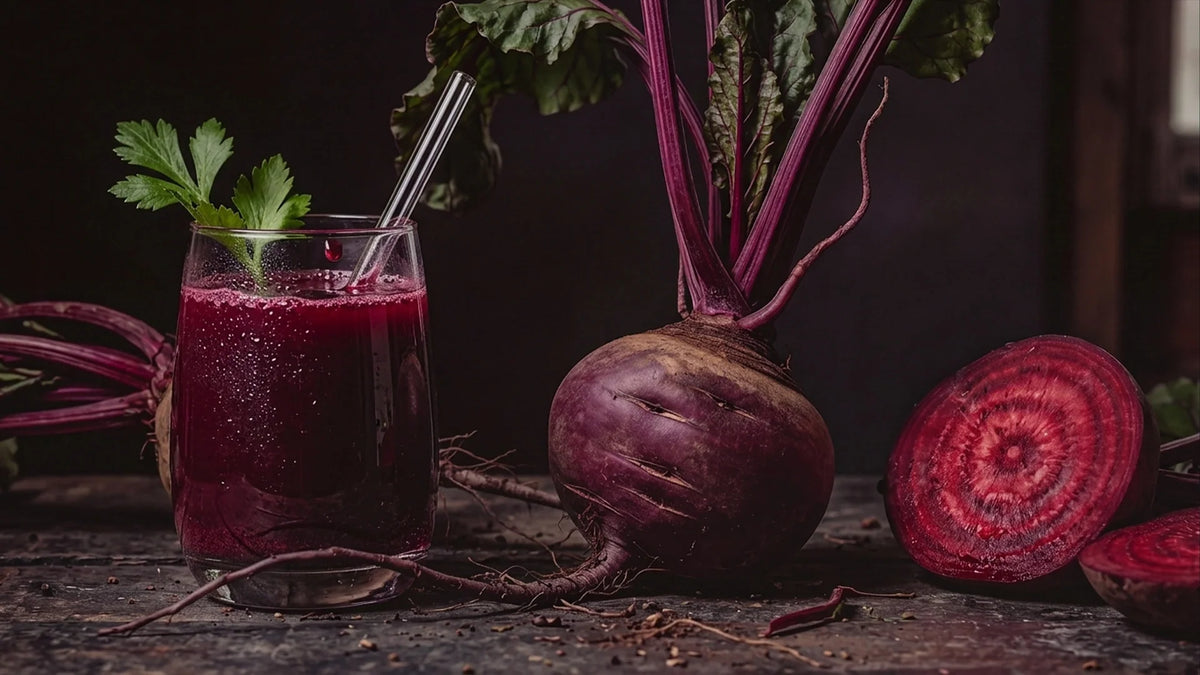 Glass of beetroot juice beside a beetroots