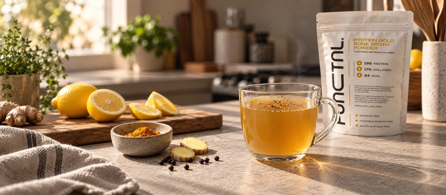 Warm mug of bone broth beside lemon, turmeric and black pepper