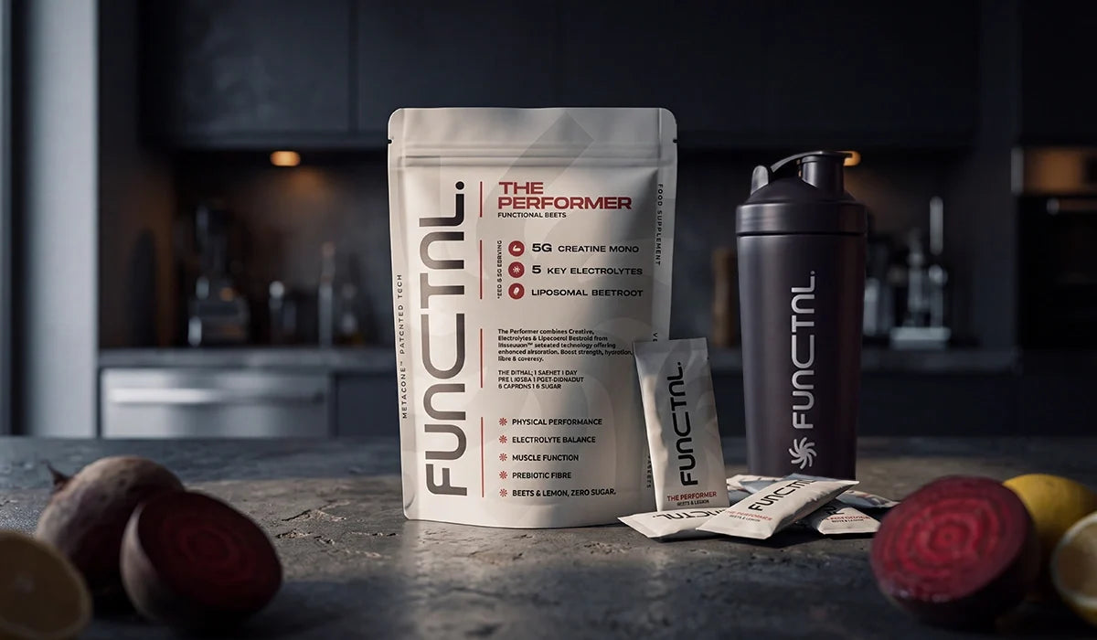 Shaker with The Performer creatine, beetroot and electrolyte drink mixed with cold water