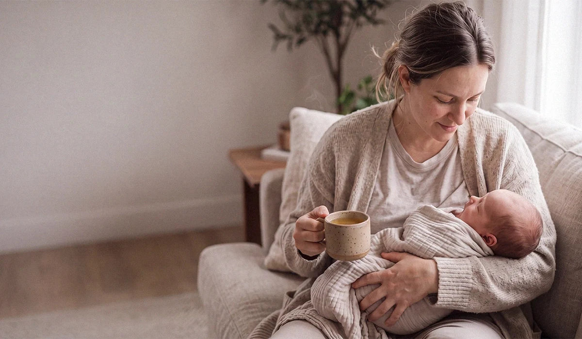 New mum holding a baby with a warm mug of bone broth in one hand