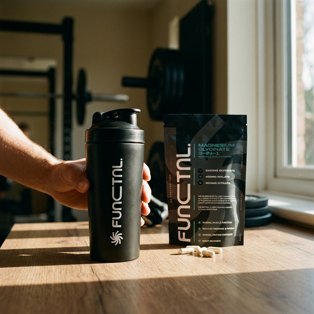 Magnesium 3-in-1 bottle in morning light